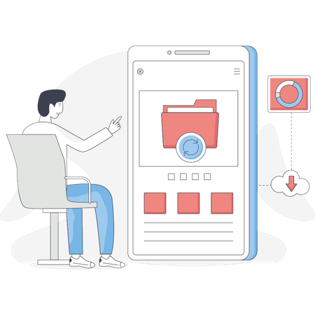 Man sitting in a chair looking at a phone displayed on a screen in front of him  Illustration