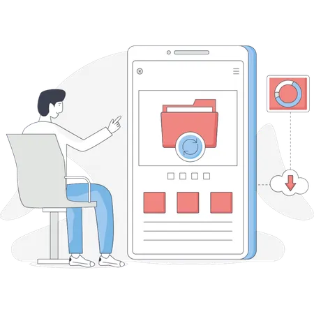 Man sitting in a chair looking at a phone displayed on a screen in front of him  Illustration