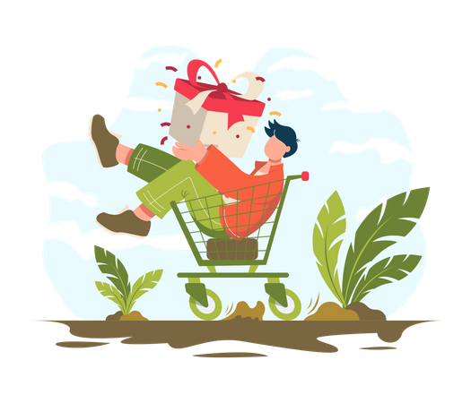 Man sitting in a shopping trolley and carrying gifts Illustration