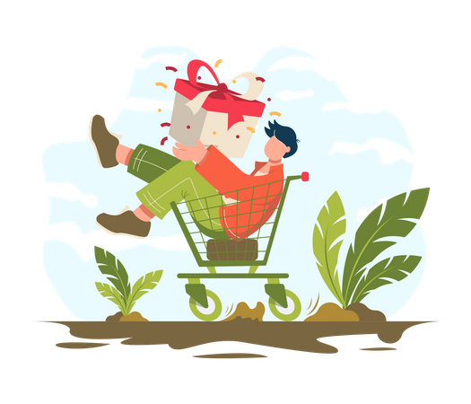 Man sitting in a shopping trolley and carrying gifts  Illustration