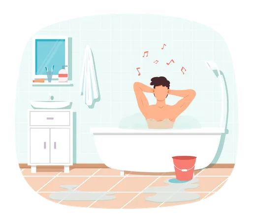 Man Sitting In Bathtub With Hot Water And Making Music Trendy Bathroom Interior Design Guy Is Taking Bath And Sitting With Song Male Character Relaxing In Home Sauna With Steam And Singing Songs Illustration