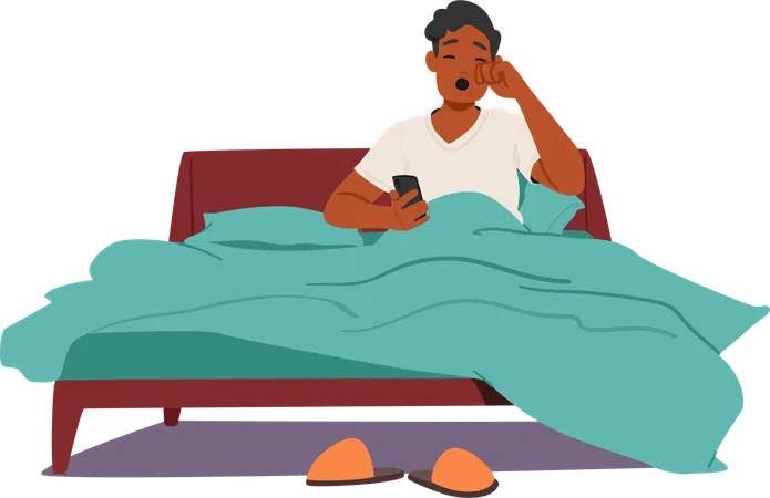 Man Sitting Comfortably In Bed Yawn Phone In Hand Eyes Closed Surrounded By The Tranquility Of Room Character Ready To Embrace The Peaceful Embrace Of Sleep Cartoon People Vector Illustration Illustration