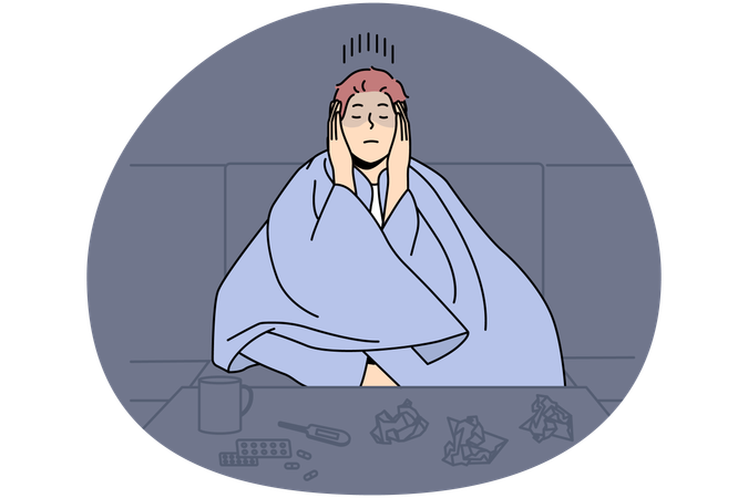 Man sitting in blanket struggle with cold or influenza  Illustration