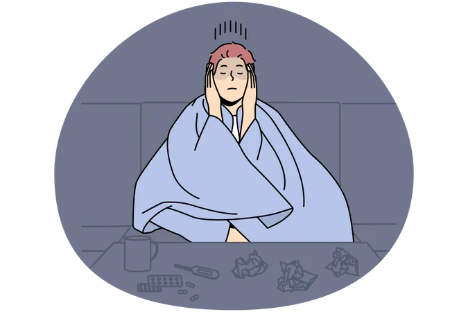 Man sitting in blanket struggle with cold or influenza  Illustration
