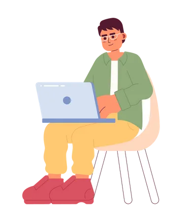 Eyeglasses Man Sitting In Chair With Laptop 2 D Cartoon Character Eyewear Asian Male Freelancer Typing On Notebook Isolated Vector Person White Background Programmer Guy Color Flat Spot Illustration Illustration