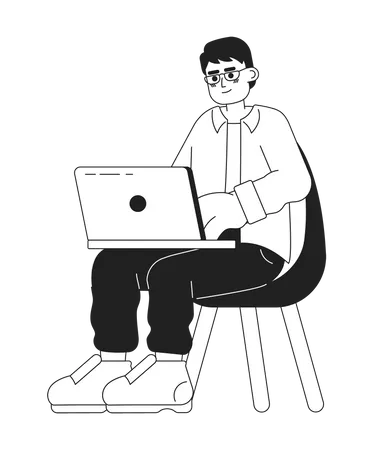 Eyeglasses Man Sitting In Chair With Laptop Black And White 2 D Cartoon Character Asian Male Freelancer Typing Notebook Isolated Vector Outline Person Programmer Monochromatic Flat Spot Illustration Illustration