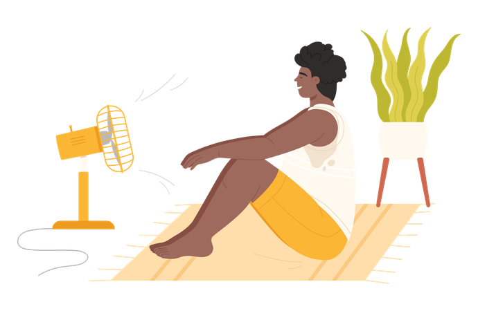 Man sitting in front of fan  Illustration