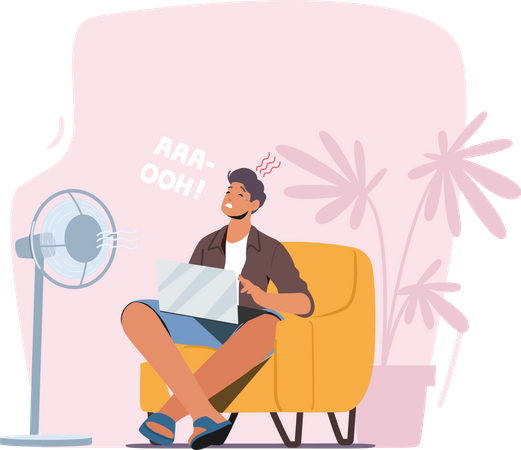 Man sitting in front of table fan during summers Illustration