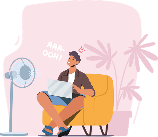 Man sitting in front of table fan during summers  Illustration