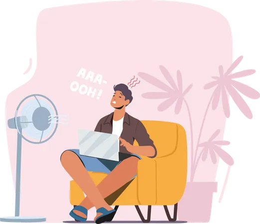 Man sitting in front of table fan during summers  Illustration