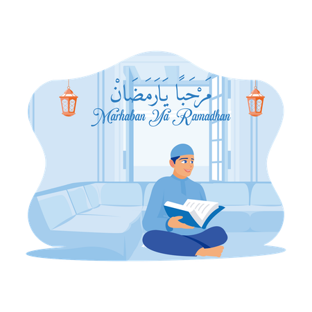 Man Sitting In Front Of The Sofa At Home Reading The Quran At Night During The Month Of Ramadan  Illustration