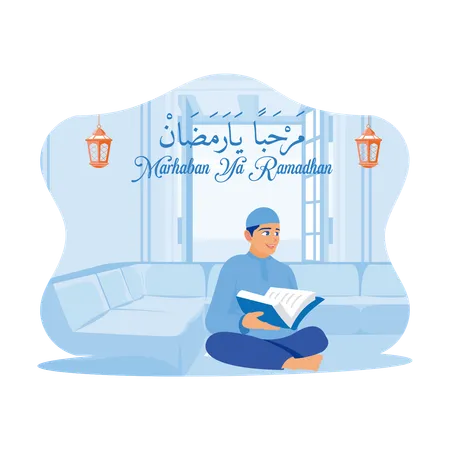 Man Sitting In Front Of The Sofa At Home Reading The Quran At Night During The Month Of Ramadan  Illustration