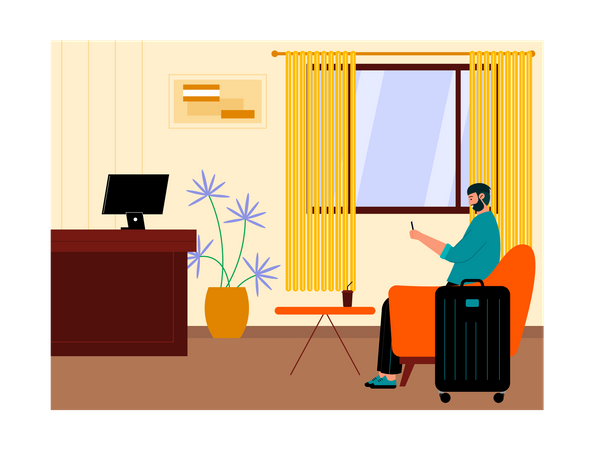 Man sitting in hotel lobby  Illustration