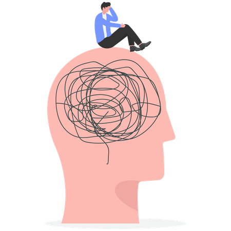 Man sitting in human head with tangled cords  Illustration