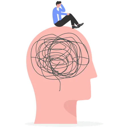 Man sitting in human head with tangled cords  Illustration