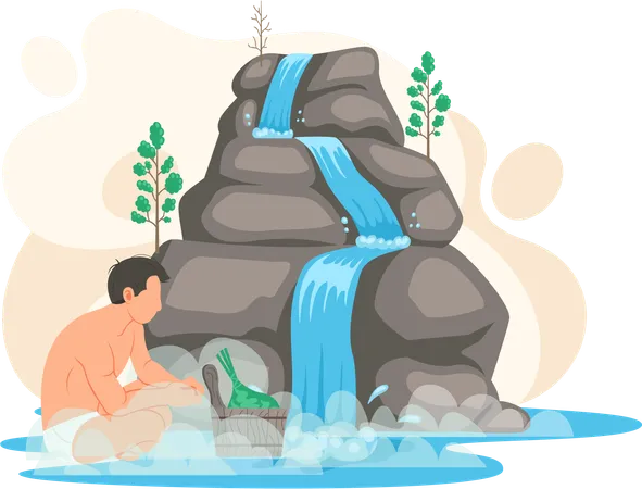 Man sitting in lake next to rock and waterfall  Illustration