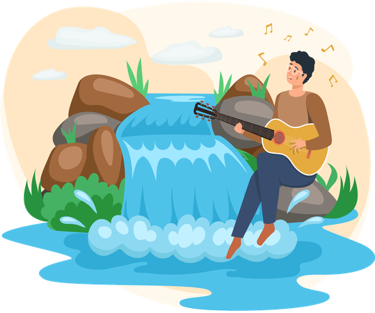 Man sitting in lake next to rock and waterfall  Illustration