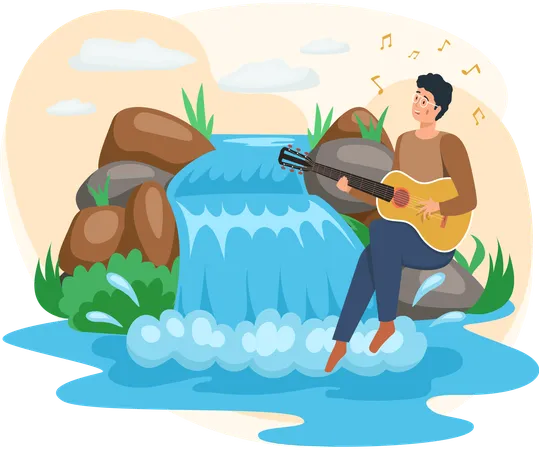 Man sitting in lake next to rock and waterfall  Illustration