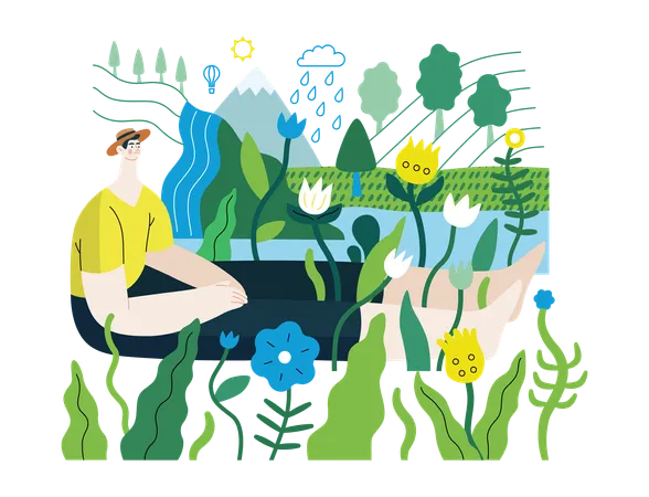 Greenery Ecology Modern Flat Vector Concept Illustration Of A Man Sitting In The Landscape With River And Waterfall Metaphor Of Environmental Sustainability And Protection Closeness To Nature Illustration
