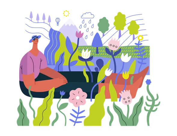Greenery Ecology Modern Flat Vector Concept Illustration Of A Man Sitting In The Landscape With River And Waterfall Metaphor Of Environmental Sustainability And Protection Closeness To Nature Illustration
