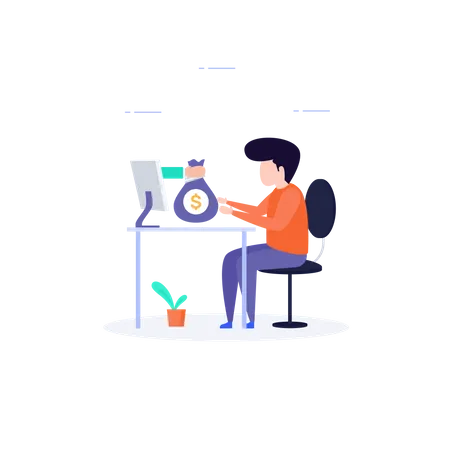 Man sitting in office and doing some online money transaction Illustration