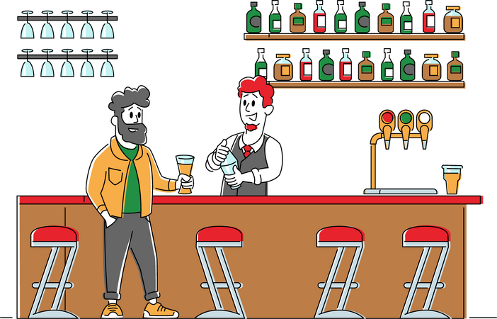 Man Sitting in Pub Ordering Alcohol Drink Illustration