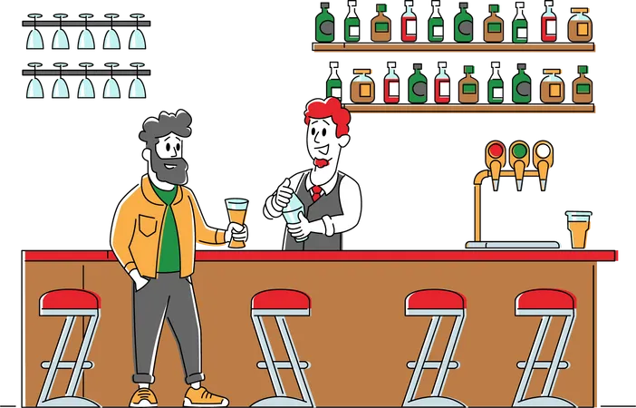 Young Man Sitting In Pub Ordering Alcohol Drink Barista Holding Glass Beer Bottle Nightlife Sparetime Leisure Relaxing Male Character In Night Bar On Weekend Linear People Vector Illustration Illustration