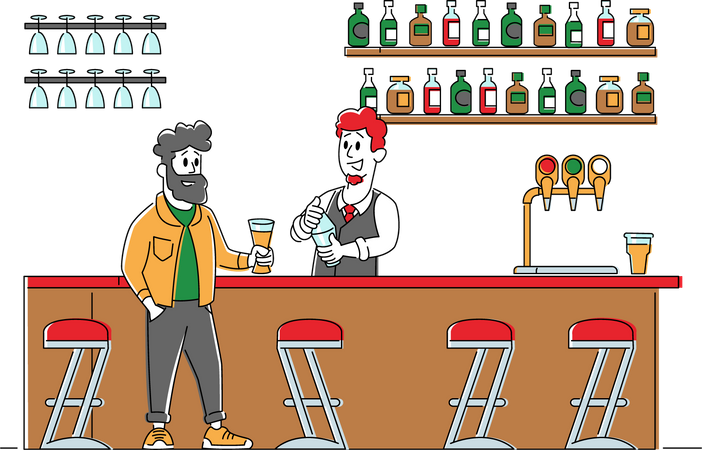 Man Sitting in Pub Ordering Alcohol Drink  Illustration