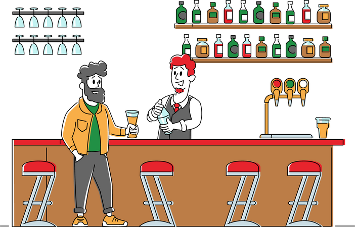 Man Sitting in Pub Ordering Alcohol Drink  Illustration