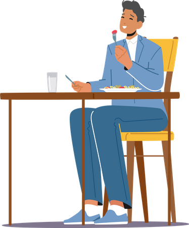 Man Sitting in Restaurant and Eating Food Illustration