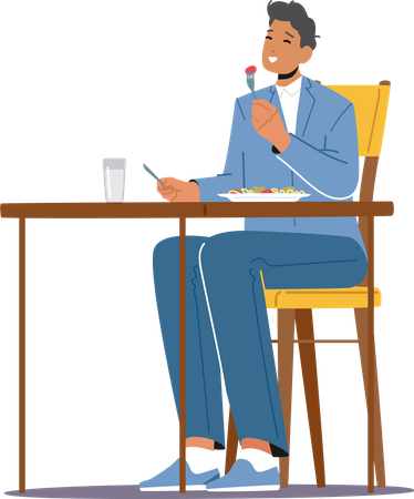 Man Sitting in Restaurant and Eating Food  Illustration