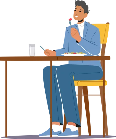 Man Sitting in Restaurant and Eating Food  Illustration