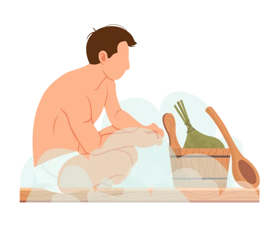 Man Sitting And Relaxing In Sauna Isolated On White Bathhouse Or Banya Enjoying Wellness Spa Procedures Male Character In Hot Steam Bath Resting Alone Person Looks At Bath Accessories And Broom Illustration