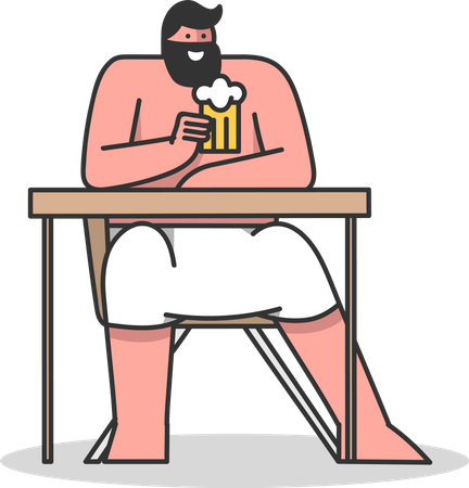 Man Sitting In Sauna And Drinking Beer Illustration