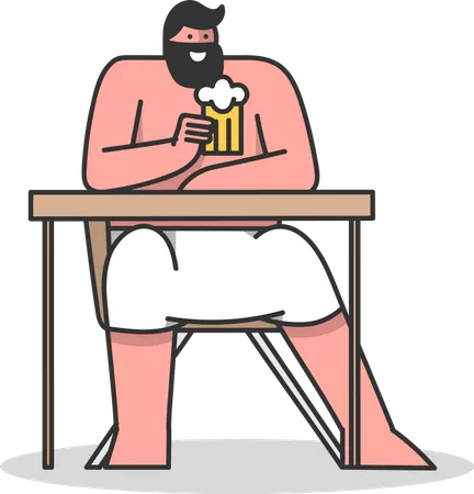 Man Sitting In Sauna And Drinking Beer  Illustration