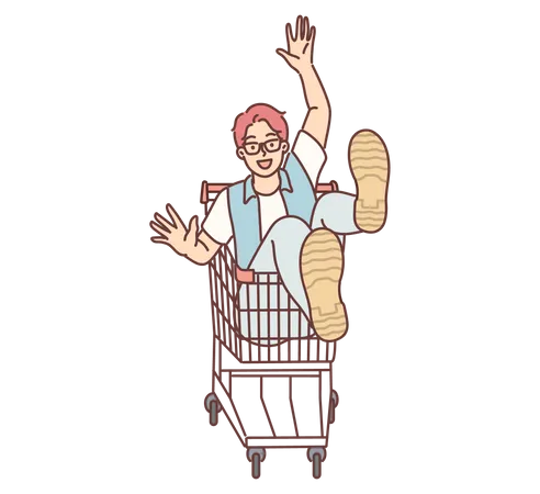 Man sitting in shopping cart  Illustration