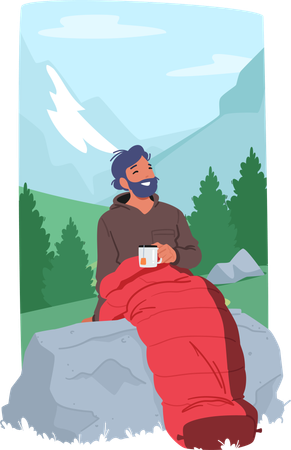 Man sitting in sleeping bag and having coffee  Illustration