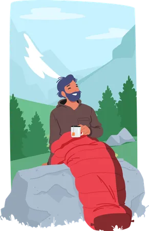 Man sitting in sleeping bag and having coffee  Illustration