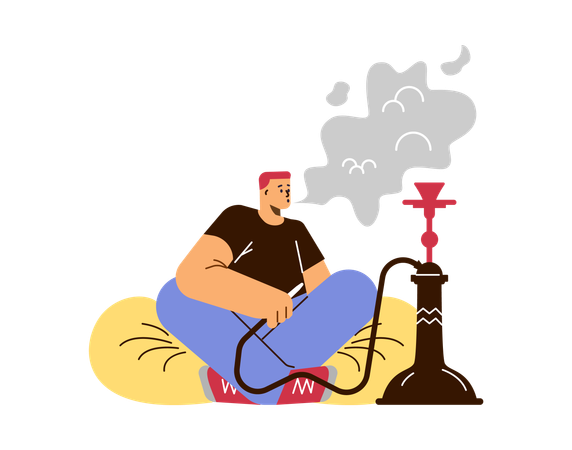 柔らかい椅子に座って水ギセルを吸っている男性  イラスト