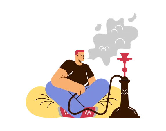 柔らかい椅子に座って水ギセルを吸っている男性  イラスト