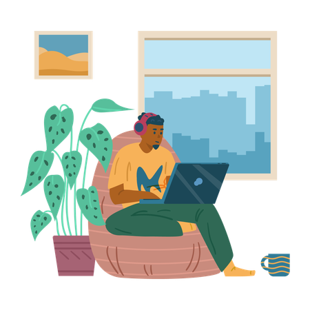 Man sitting in soft chair with laptop  Illustration