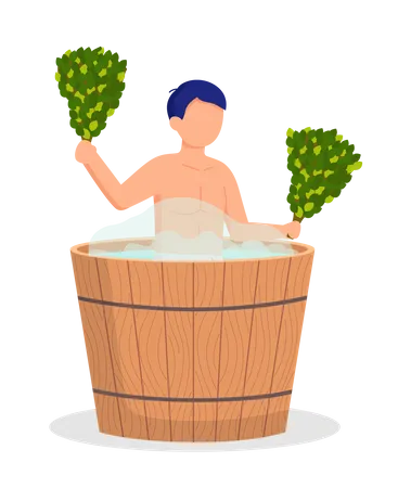 Young Man Sitting In Tub Washing His Body In Sauna Bathhouse Or Banya Isolated Guy In Barrel Is Resting In Sauna Male Character In Hot Steam Wellness Spa Procedures In Wooden Water Barrel Illustration