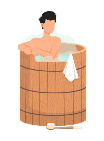 Young Man Sitting In Tub Washing His Body In Sauna Bathhouse Or Banya At Home Isolated Guy In Barrel Is Resting In Sauna Male Character In Hot Steam Wellness Spa Procedures In Wooden Water Barrel Illustration
