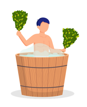 Man sitting in tub washing his body in sauna  Illustration