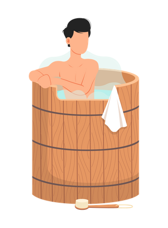 Man sitting in tub washing his body in sauna  Illustration