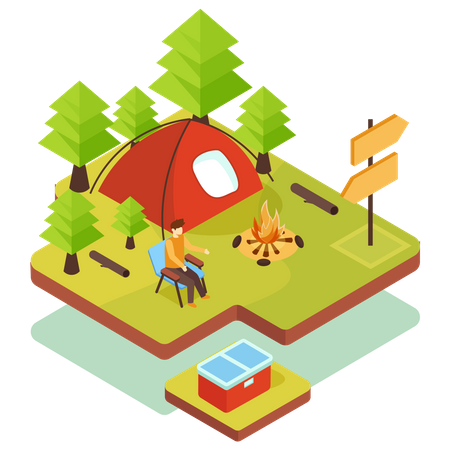Man sitting near bonfire on camping  Illustration