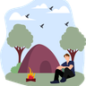 illustration sitting near campfire