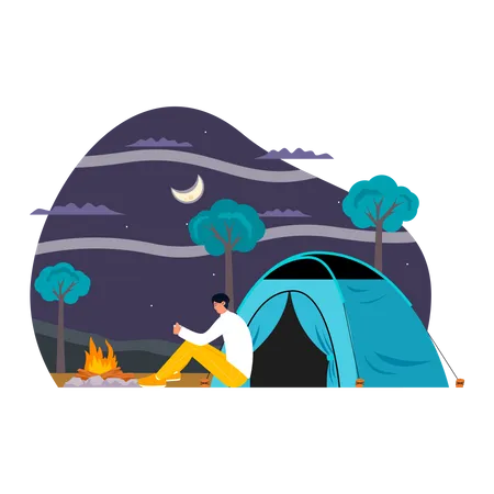 Man sitting near campfire  Illustration