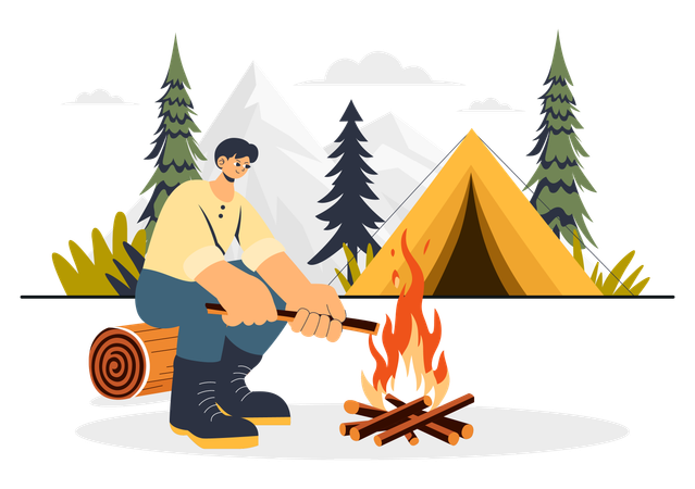 Man sitting near campfire  Illustration