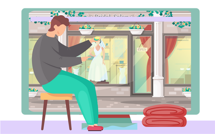 Man sitting near monitor salon with mannequin in dress  Illustration